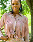 MASON by MASON'S DAUGHTER | Loretta Western Fringe Top, Oyster Printed Silk Crepe de Chine