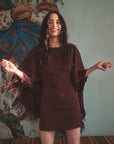 Katherine Fringe Cape Dress, Brown