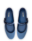 LARROUDE | Verona Ballet Flat In Egyptian Blue Striped Fabric and Navy Trimming