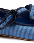 LARROUDE | Verona Ballet Flat In Egyptian Blue Striped Fabric and Navy Trimming