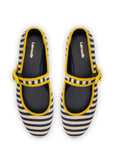 LARROUDE | Verona Ballet Flat In Navy and Natural Striped Fabric and Lemonade Trimming