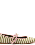 LARROUDE | Verona Ballet Flat In Seaweed and Natural Striped Fabric and Tulip Trimming
