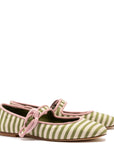 LARROUDE | Verona Ballet Flat In Seaweed and Natural Striped Fabric and Tulip Trimming