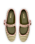 LARROUDE | Verona Ballet Flat In Seaweed and Natural Striped Fabric and Tulip Trimming