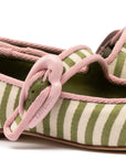 LARROUDE | Verona Ballet Flat In Seaweed and Natural Striped Fabric and Tulip Trimming