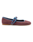 LARROUDE | Verona Ballet Flat In Wine Striped Fabric and Blue Stoned Trimming
