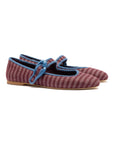 LARROUDE | Verona Ballet Flat In Wine Striped Fabric and Blue Stoned Trimming