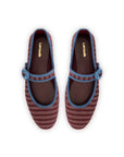 LARROUDE | Verona Ballet Flat In Wine Striped Fabric and Blue Stoned Trimming