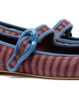 LARROUDE | Verona Ballet Flat In Wine Striped Fabric and Blue Stoned Trimming
