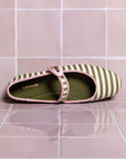 LARROUDE | Verona Ballet Flat In Seaweed and Natural Striped Fabric and Tulip Trimming