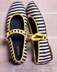 LARROUDE | Verona Ballet Flat In Navy and Natural Striped Fabric and Lemonade Trimming