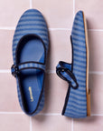LARROUDE | Verona Ballet Flat In Egyptian Blue Striped Fabric and Navy Trimming