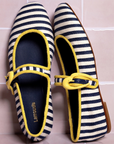 LARROUDE | Verona Ballet Flat In Navy and Natural Striped Fabric and Lemonade Trimming