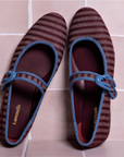 LARROUDE | Verona Ballet Flat In Wine Striped Fabric and Blue Stoned Trimming
