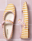 LARROUDE | Verona Ballet Flat In Marigold and Natural Striped Fabric and Tulip Trimming