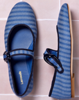 LARROUDE | Verona Ballet Flat In Egyptian Blue Striped Fabric and Navy Trimming