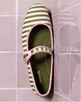 LARROUDE | Verona Ballet Flat In Seaweed and Natural Striped Fabric and Tulip Trimming