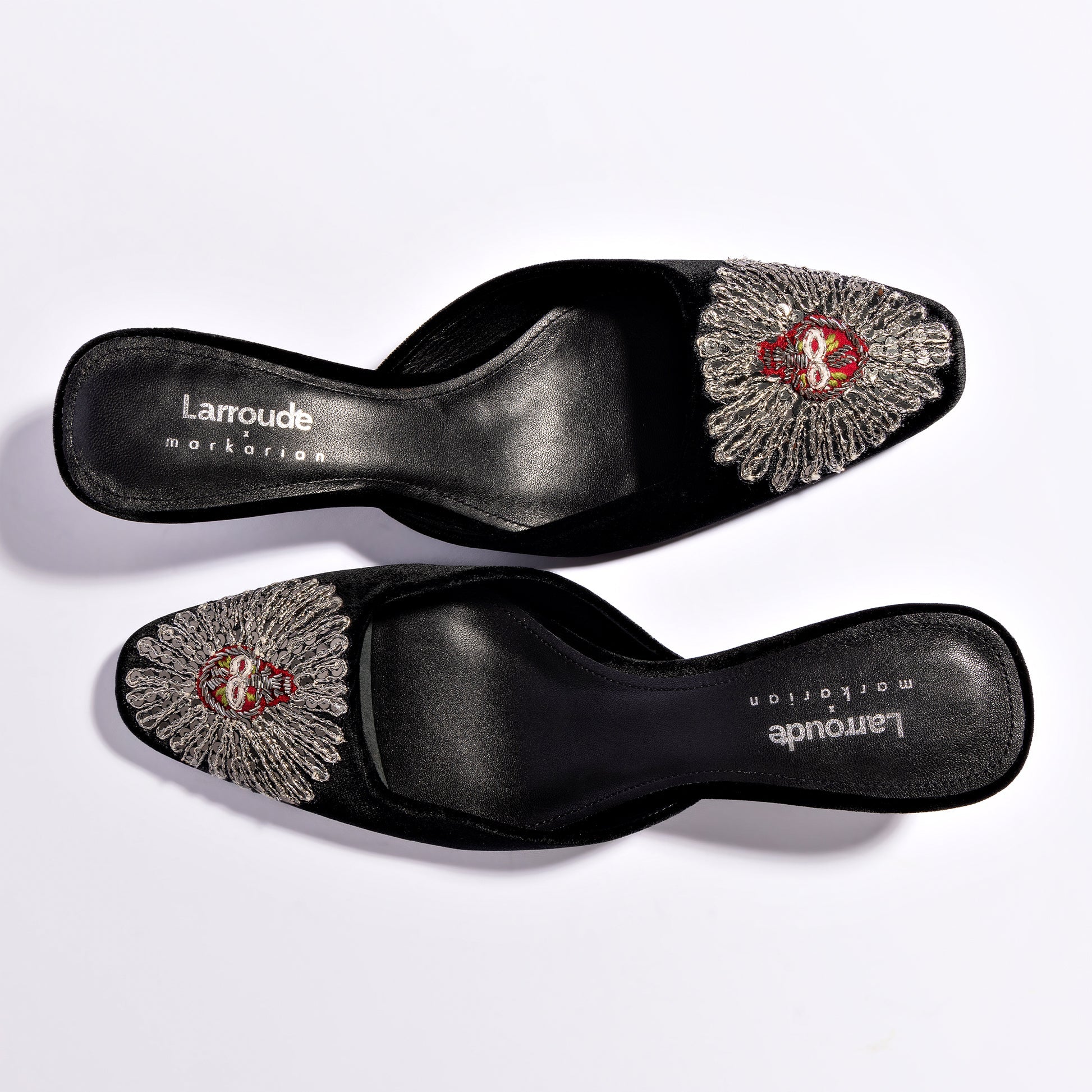 Larroudé x Markarian Mule In Black Velvet and Heart Embroidery