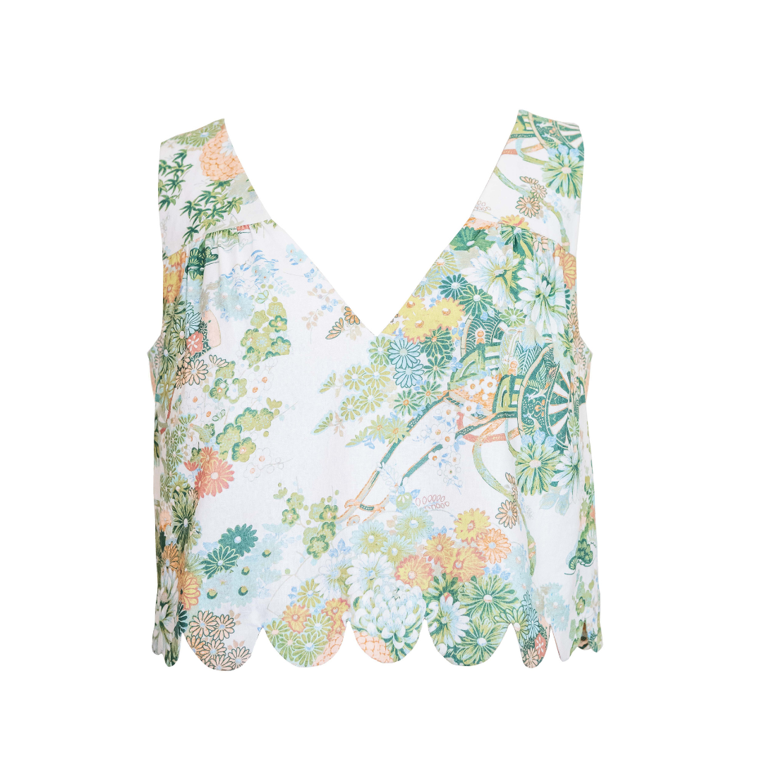 V-Neck Scallop Detail Tank, Spring Chinoiserie