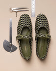 LARROUDE | LARROUDE | Verona Macrame Ballet Flat In Seaweed, Black and Silver Metallic Leather
