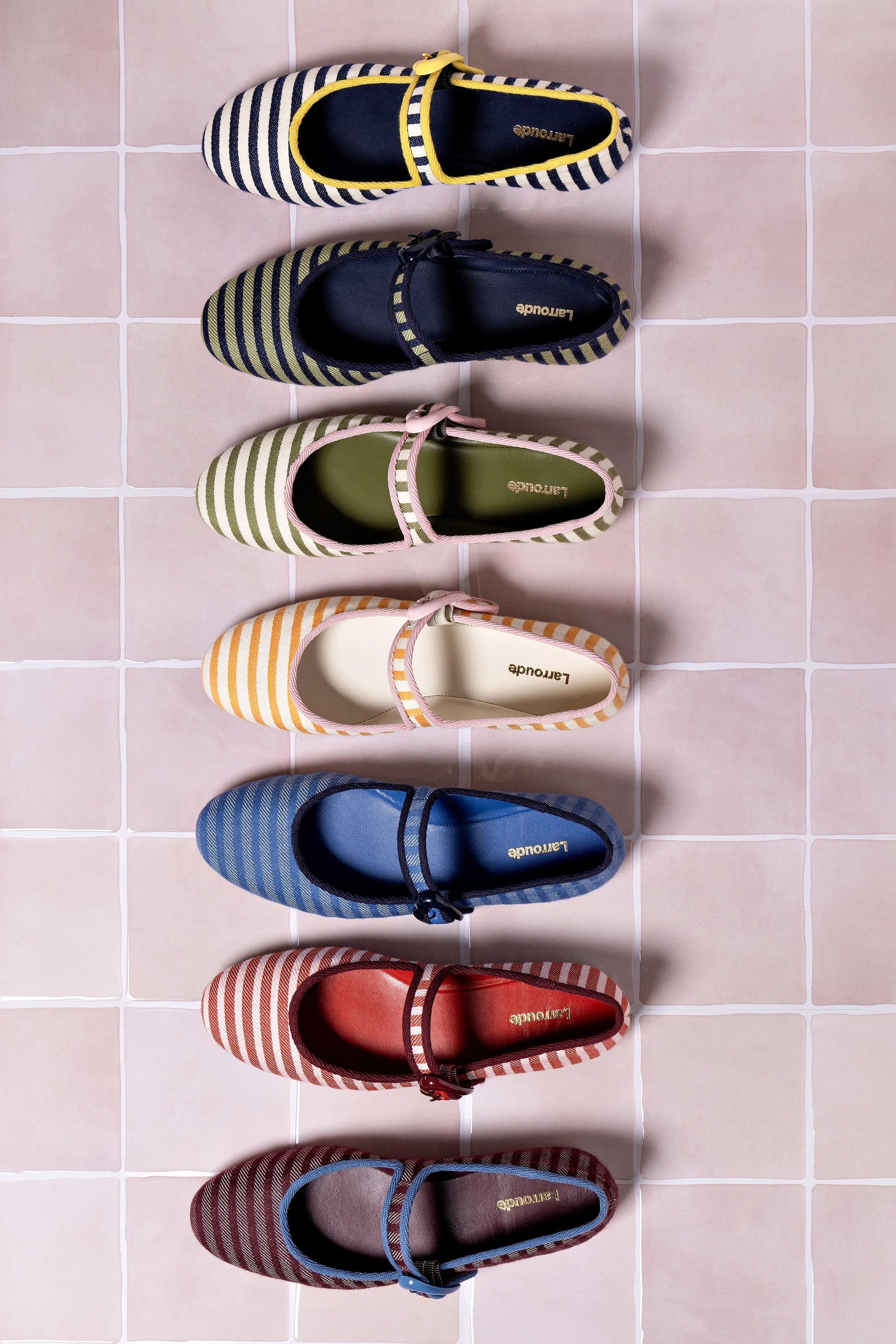 LARROUDE | Verona Ballet Flat In Navy and Natural Striped Fabric and Lemonade Trimming