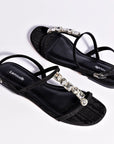 LARROUDE Calypso Flat Sandal In Black Fabric and Crystals