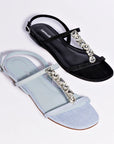 LARROUDE Calypso Flat Sandal In Black Fabric and Crystals