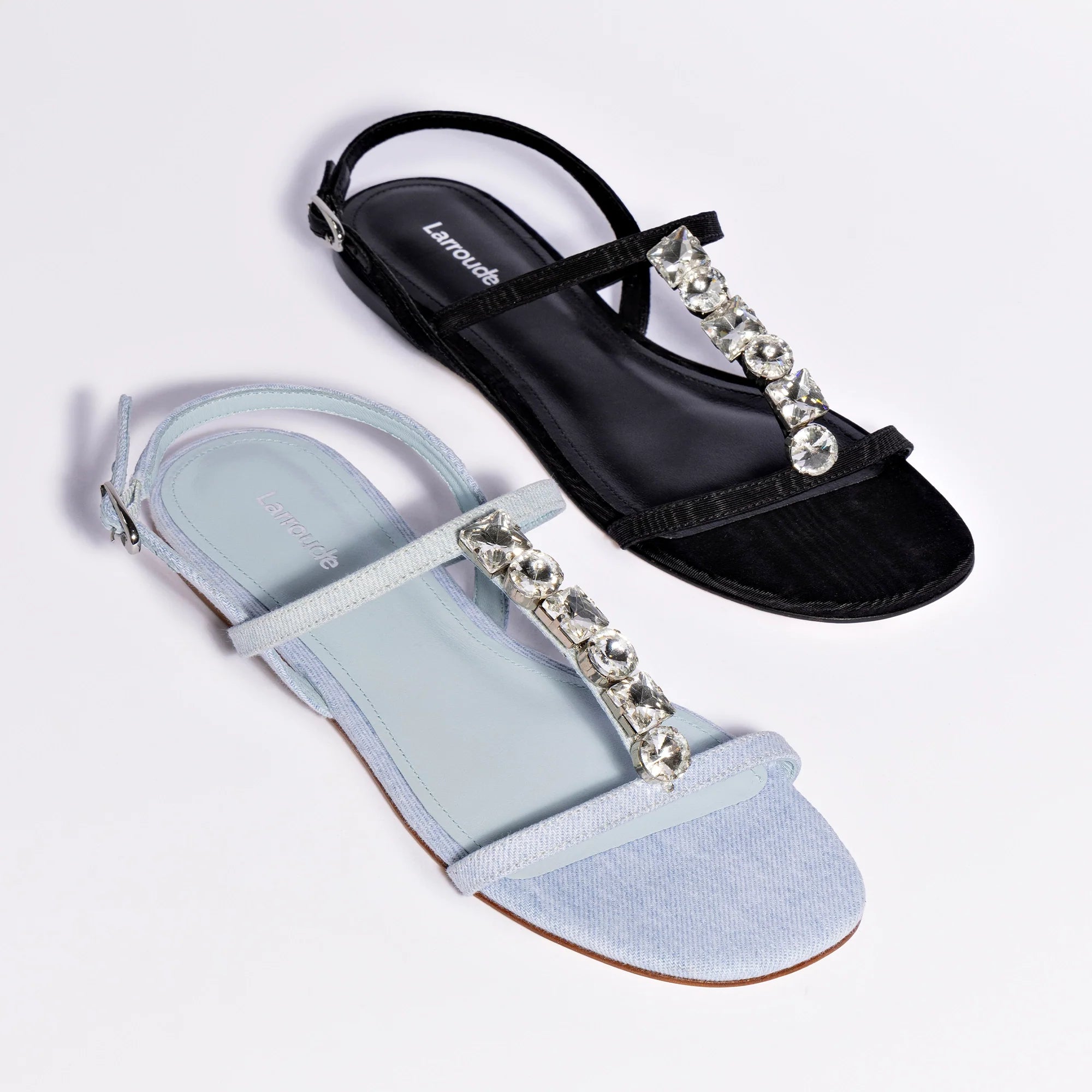 LARROUDE Calypso Flat Sandal In Maya Denim and Crystals