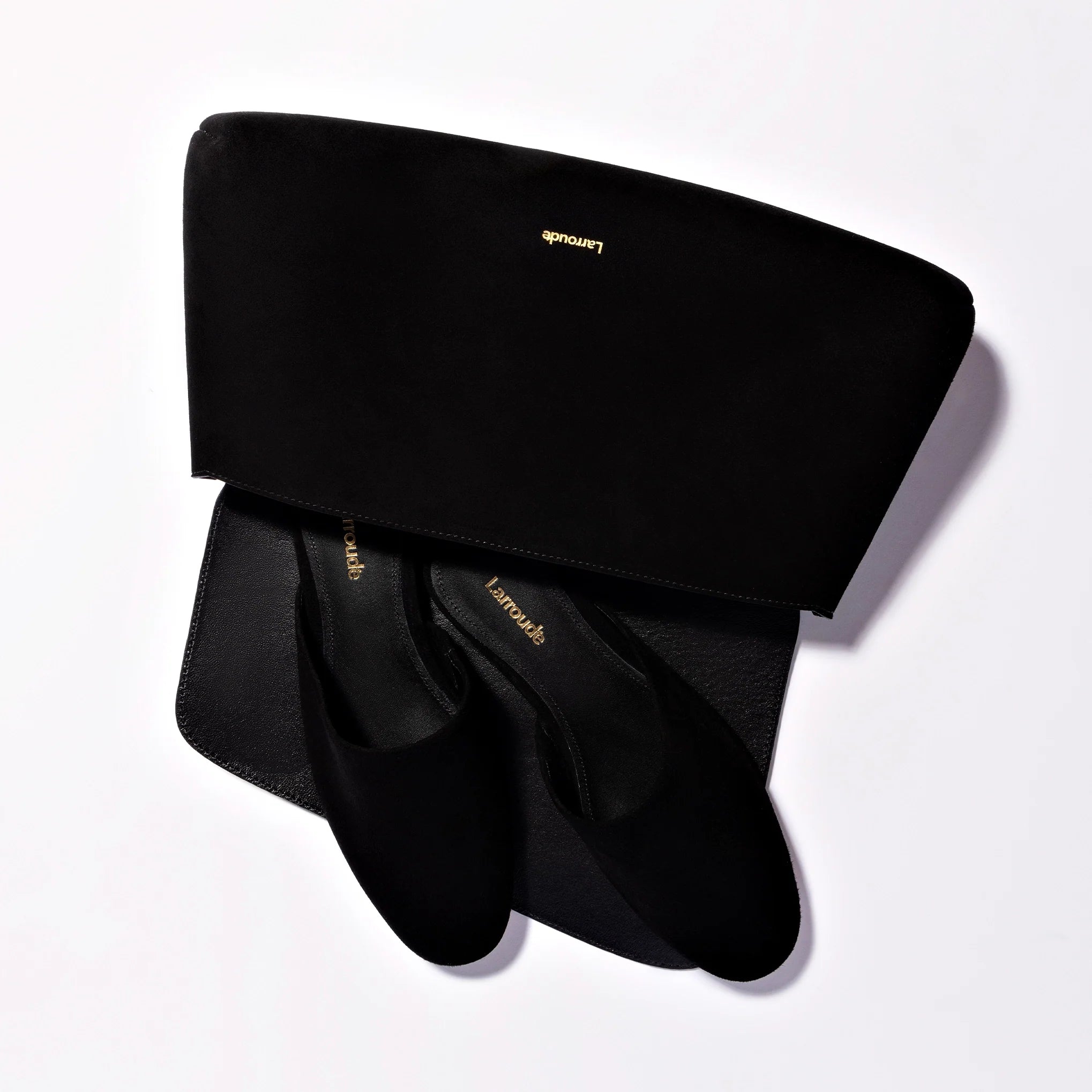 LARROUDE Venice Flat Mule and Pouch Kit In Black Suede